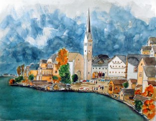 オーストリア　ハルシュタット市 水彩画　SHO ハルシュタット湖 水彩画 オースチリア 観光のイラスト素材